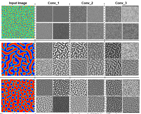Figure 3.3 Sample response maps in developed CNN for 2D microstructure morphology inputs. The response map of the first four filters of three convolutional layers is illustrated for three input images. The layer numbers are presented at the top of the images. 