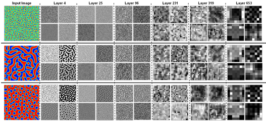 Figure 3.5 Sample response maps in EfficientNetB6 with 2D microstructure inputs. The response map of the first four filters of some convolutional layers is illustrated for three input images. The layer number is presented at the top of the figure. 